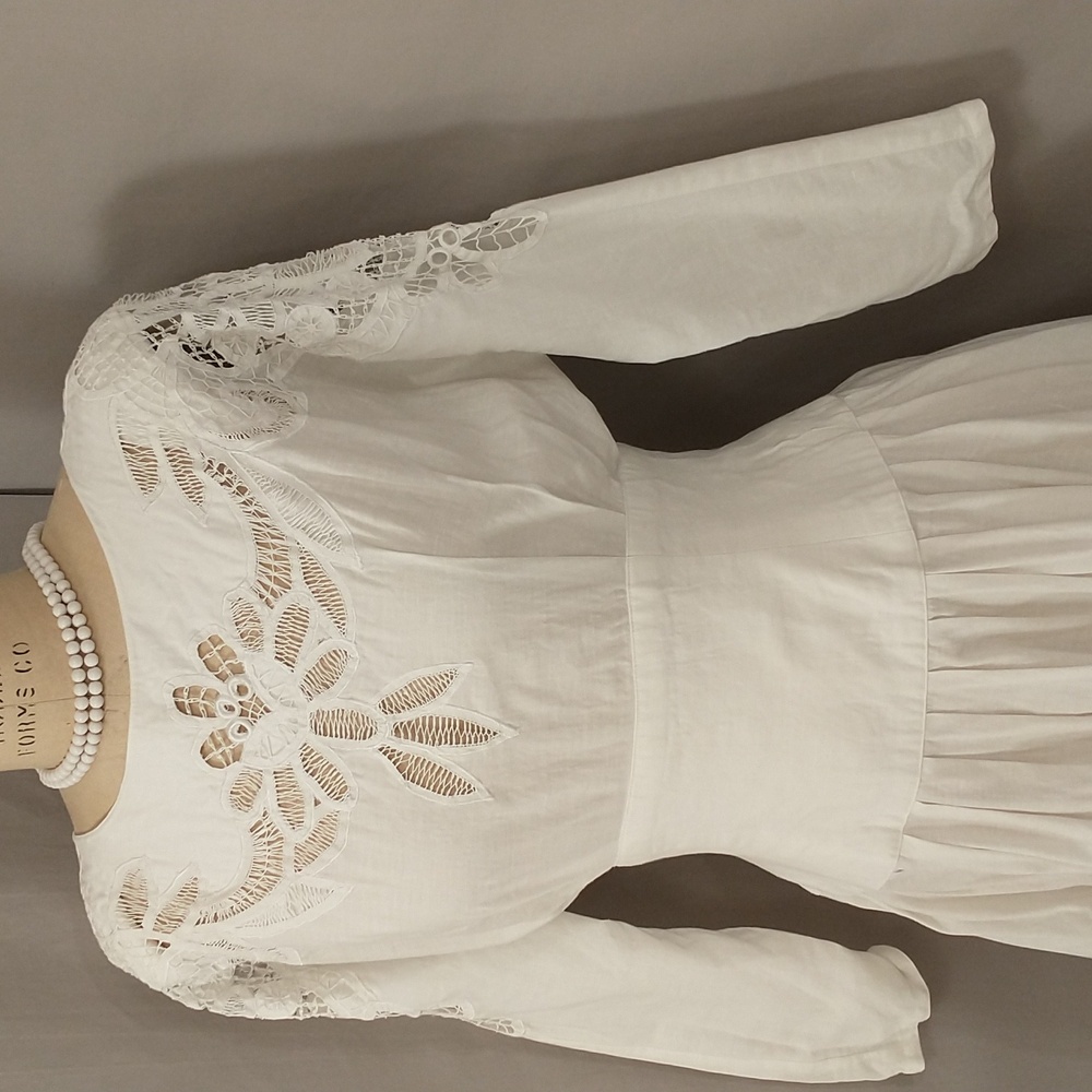 Vintage Nancy Johnson White Dress Circle Skirt Wide Waist Lace Detail Pockets - Picture 3 of 13